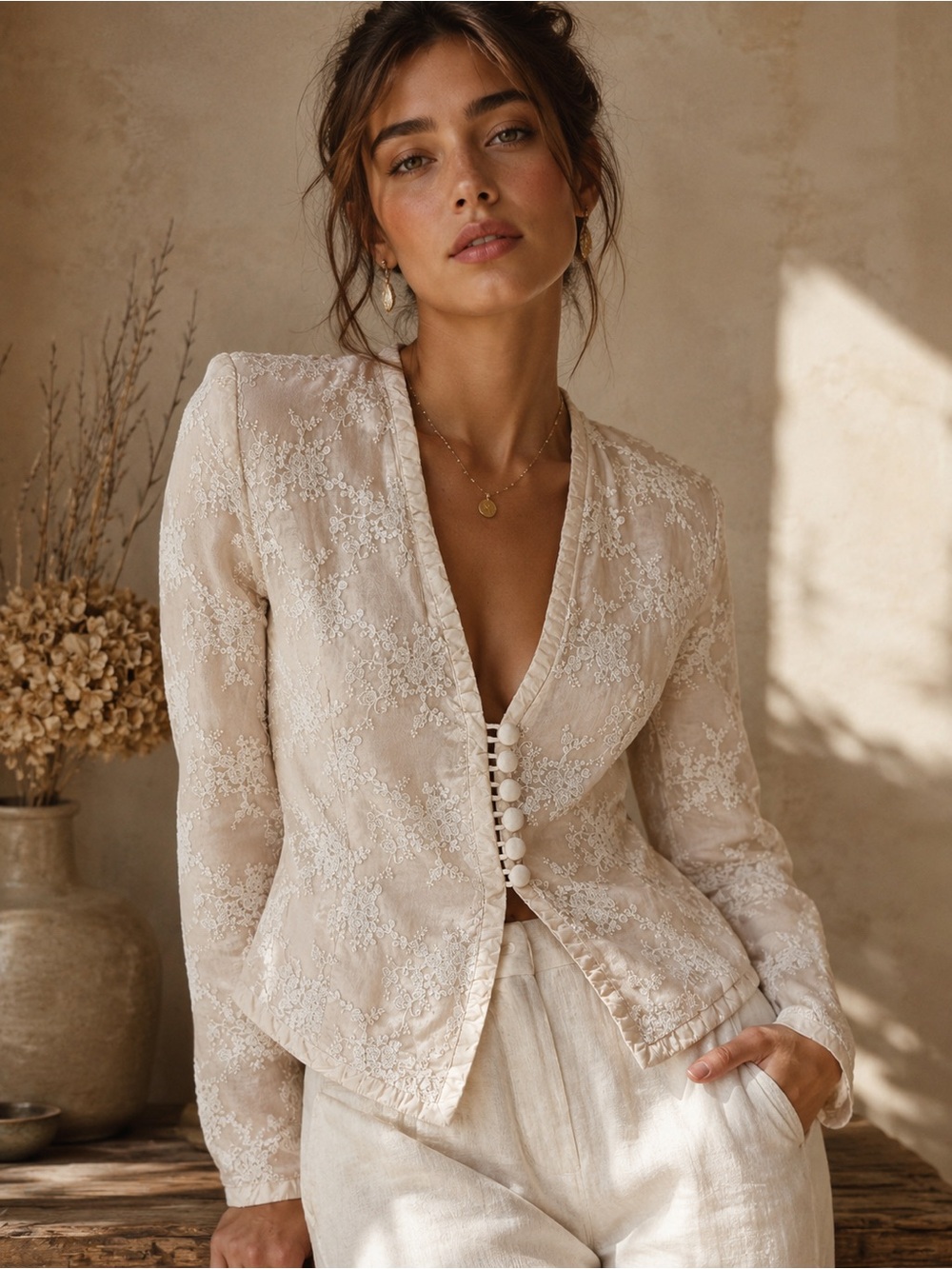Vintage Angela Vickers Silk Lace Victorian Blouse Jacket XS/S Ivory Embroidered